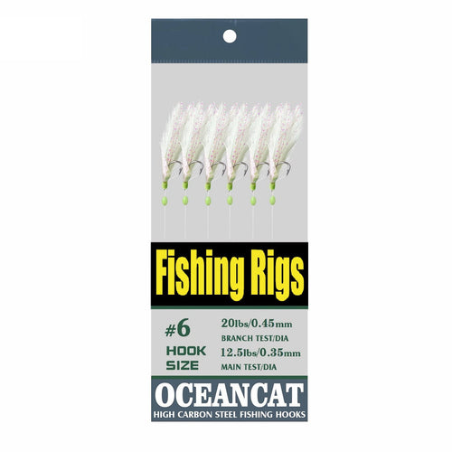 10 Packs Fishing Rigs 3 Feather & Fish Skin 6 Hooks Saltwater String Hook Fishing Lure Bait Rigs Tackle Jig (2/0# 10 Packs)